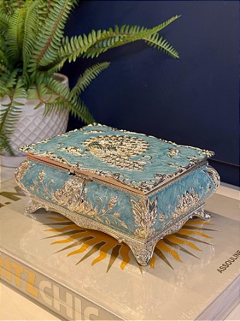 Caixa Decorativa - Resina e  Metal - Porta Jóias - Azul Claro e Prata