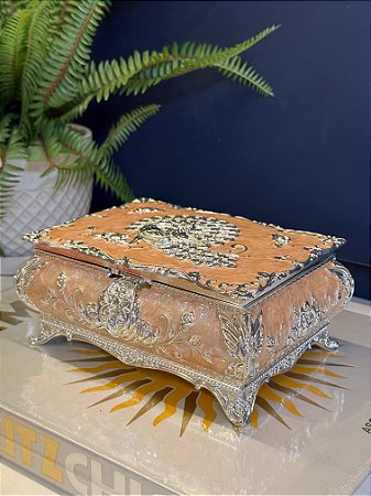 Caixa Decorativa - Resina e  Metal - Porta Jóias - Salmão e Prata