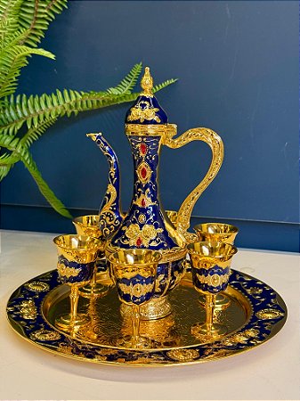 Jogo de Copos e Ânfora com Bandeja - Metal - Azul Escuro e Dourado