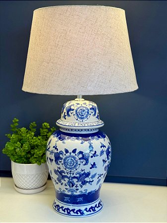 Abajur - Cerâmica - Azul e Branco - Com Cúpula