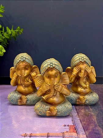 Trio de Elefantes - Pintado à mão - Resina