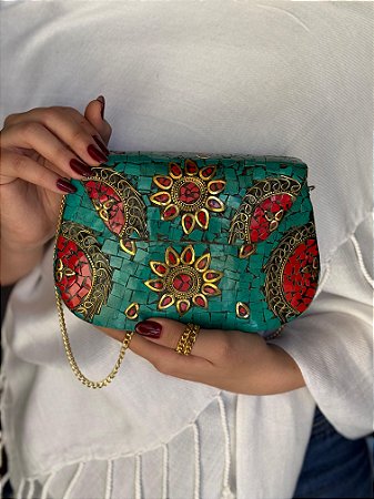 Bolsa Clutch em Metal  - Turquesa, Dourado e Vermelho - Com Alça