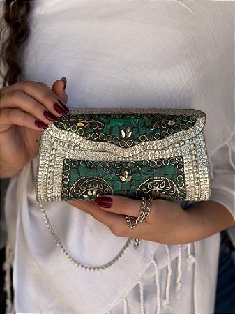 Bolsa Clutch em Metal  - Verde e Prata - Com Alça