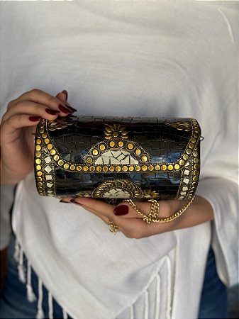 Bolsa Clutch em Metal - Preto e Dourado - Com Alça