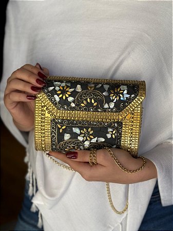 Bolsa Clutch em Metal - Madreperola e Dourado - Com Alça