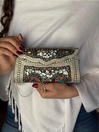 Bolsa Clutch em Metal - Madrepérolas, Colorido e Prata - Com Alça