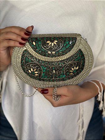 Bolsa Clutch em Metal  - Verde e Prata - Com Alça