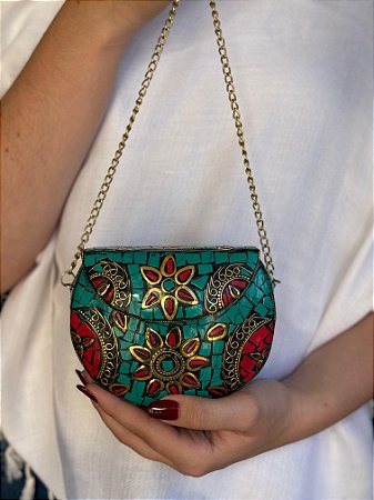 Mini Bolsa Clutch em Metal - Turquesa, Vermelho e Dourado - Com Alça