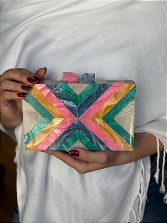 Bolsa Clutch em Resina - Colorida - Com Alça Dourada