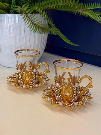 Copo Turco - Pares - Vidro Turquia - Com Apliques em Pedras - Dourado