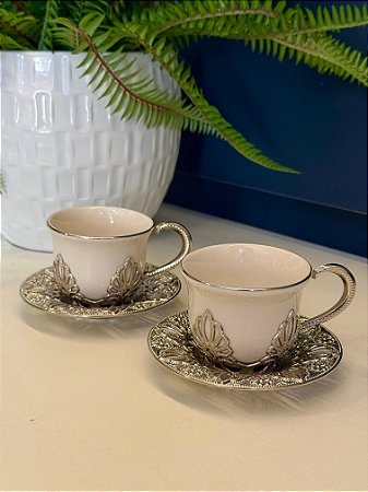 Xicara Turca - Par - Vidro - Branco e Prata