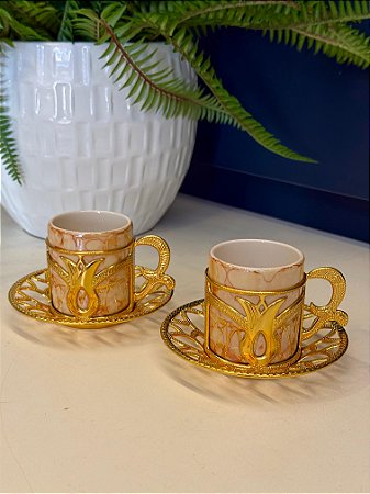 Xícara Turca - Par - Vidro - Terracota e Dourado