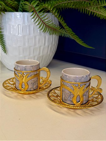 Xícara Turca - Par - Vidro - Azul e Dourado