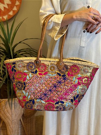 Bolsa Praia - Palha e Bordado - Colorida