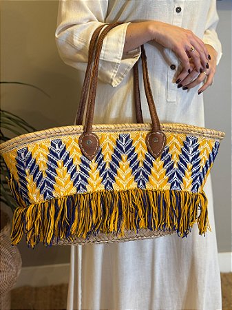 Bolsa Praia - Palha e Bordado - Azul e Amarelo