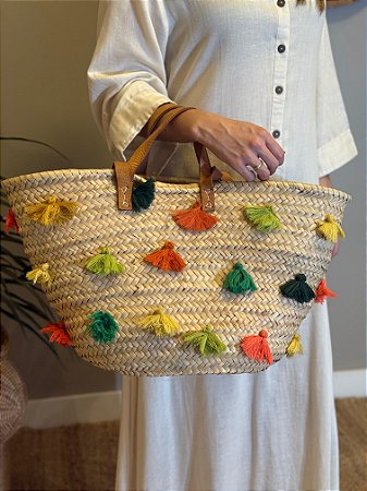 Bolsa Praia - Palha - Pompom Colorido