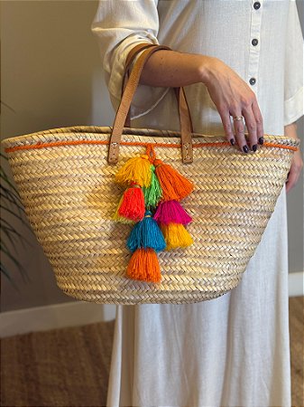 Bolsa Praia - Palha - Pompom Colorido