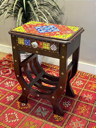 Mesa - Madeira Gaveteiro - Pintado à Mão - Azulejo - Vermelho, Amarelo e Azul