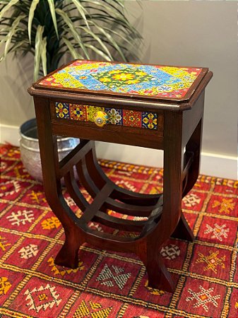 Mesa - Madeira Gaveteiro - Pintado à Mão - Azulejo - Colorido