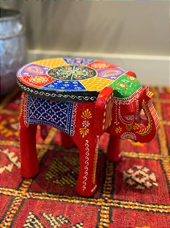 Banqueta - Elefante - Madeira - Pintado à mão - Vermelho e Colorido - Pequeno
