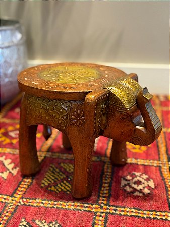Banqueta - Elefante - Madeira - Pintado à Mão - Marrom e Dourado - Pequeno