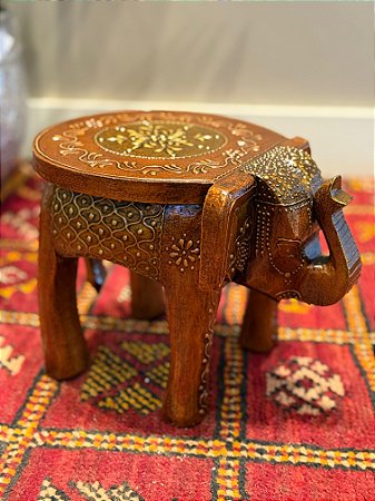 Banqueta - Elefante - Madeira - Pintado à Mão - Cobre e Dourado - Pequeno