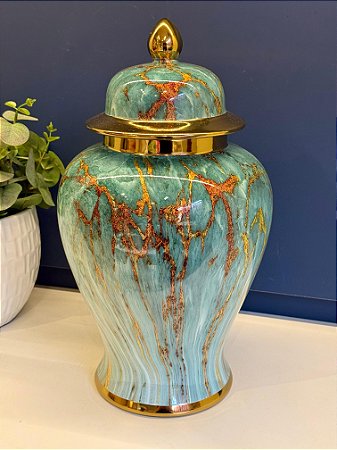Potiche  - Cerâmica - Marmorizado - Verde e Dourado - 40cm