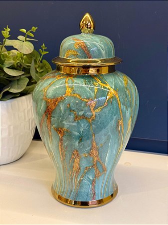 Potiche  - Cerâmica - Marmorizado - Verde e Dourado - 34cm