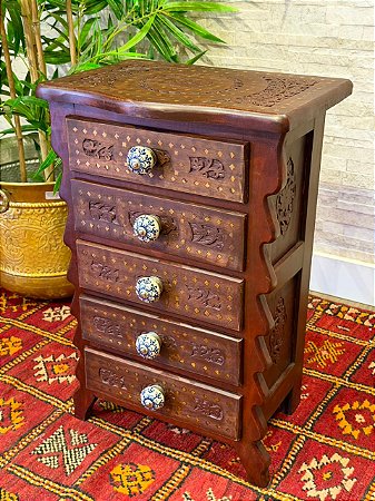 Gaveteiro - Madeira Entalhada - 5 Gavetas - Puxador Branco e Azul