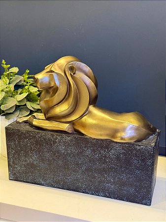 Escultura Leão - Decorativo - Com Base - Dourado e Preto