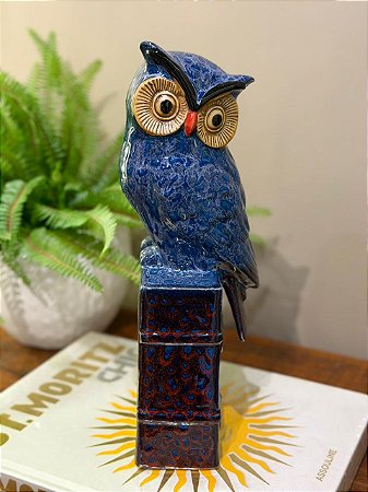 Coruja - Cerâmica - Azul e Vermelho 34CM