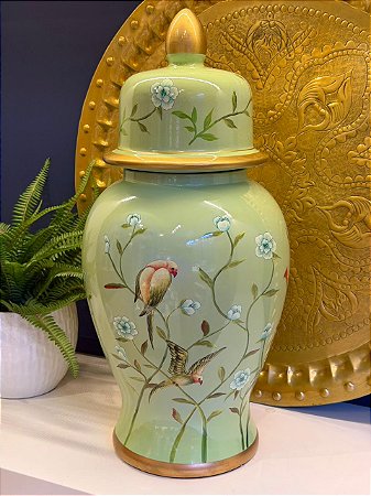 Potiche  - Cerâmica - Verde Claro - Flores - 59CM