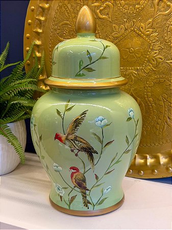 Potiche  - Cerâmica - Verde Claro - Flores - 45CM