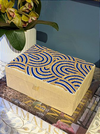 Caixa Decorativa - Porta Joias - Miçangas - Azul e Bege - 23X16