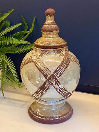 Potiche Cerâmica Bege Perolado e Marrom 33,5cm