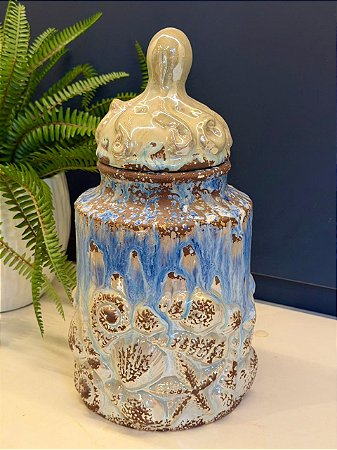 Potiche Cerâmica Perolado e Azul 32cm