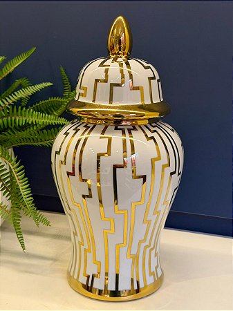Potiche Cerâmica Branco e Dourado 37,5CM