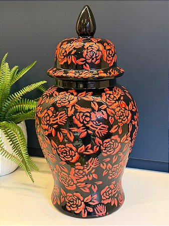 Potiche Cerâmica Vermelho e Preto 48,5CM