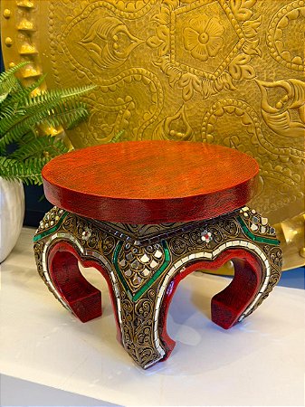 Banqueta - Madeira - Entalhada - Espelho - 25,5cm