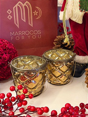Kit 2 Porta Velas - Vidro - Turco - Dourado
