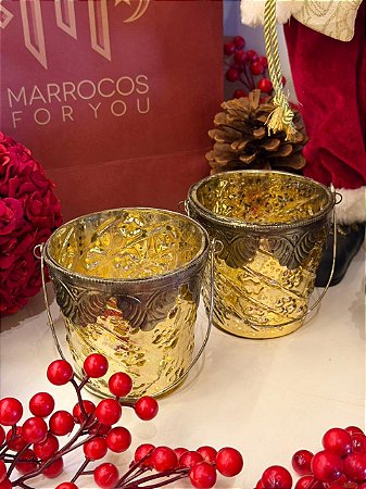 Kit 2 Porta Velas - Vidro - Turco - Dourado