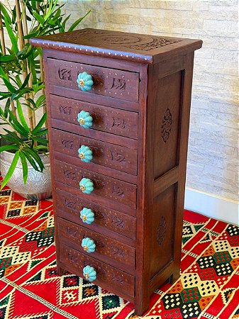 Gaveteiro - Madeira Entalhada - 7 Gavetas - Puxador Turquesa