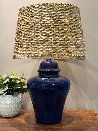 Abajur - Cerâmica - Azul Escuro com Cúpula de Palha