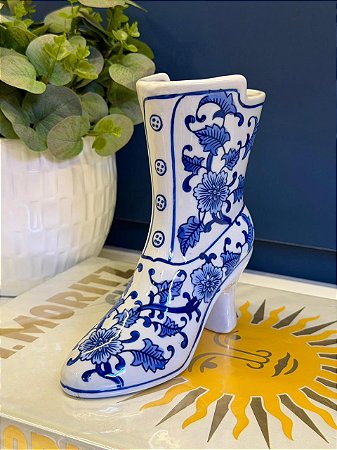 Bota Decorativa Mini - Cerâmica - Branco e Azul