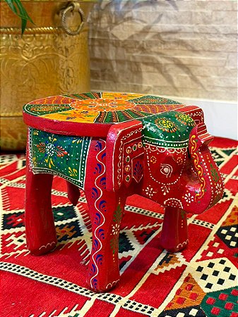 Banqueta - Elefante - Madeira - Pintado à mão - Vermelho e Colorido - 21cm