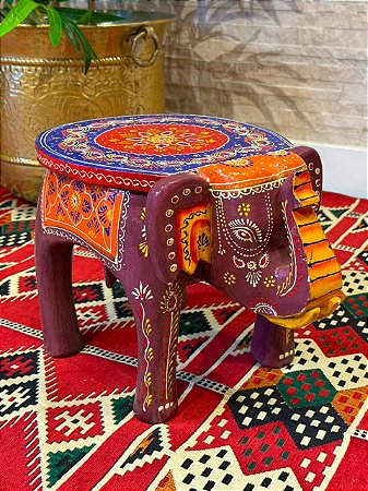 Banqueta - Elefante - Madeira - Pintado à Mão - Roxo e Colorido - 26CM