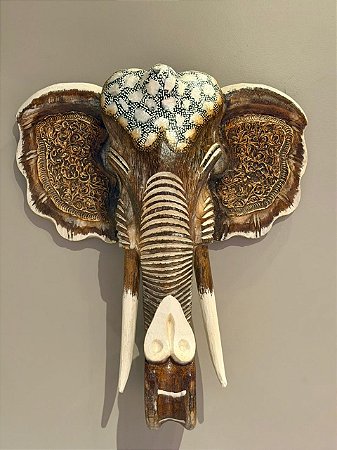 Cabeça De Elefante - Madeira - Marrom e Branco