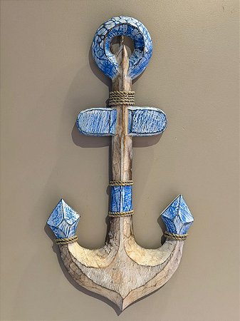 Escultura Âncora - Decorativa - Madeira - Azul e Marrom
