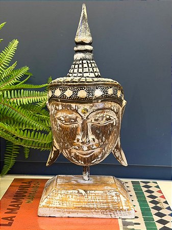 Cabeça Buda - Madeira - Com Base - Branco e Marrom