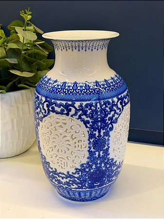 Vaso - Cerâmica - Azul e Branco - 28CM